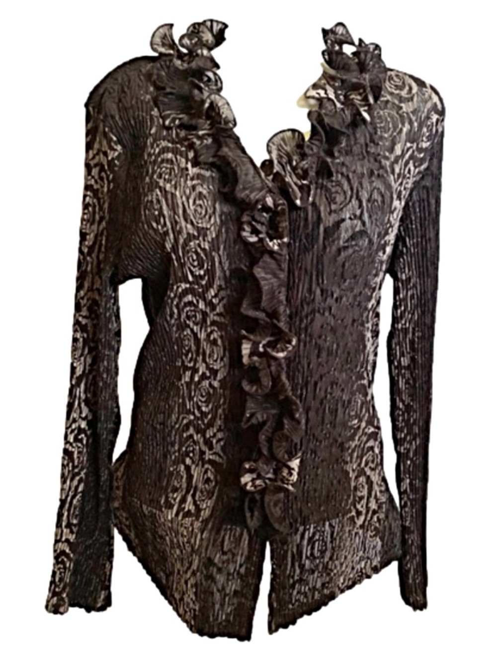 AMANDA Collection Ruffled Brown Textured Blouse - Picture 2 of 6